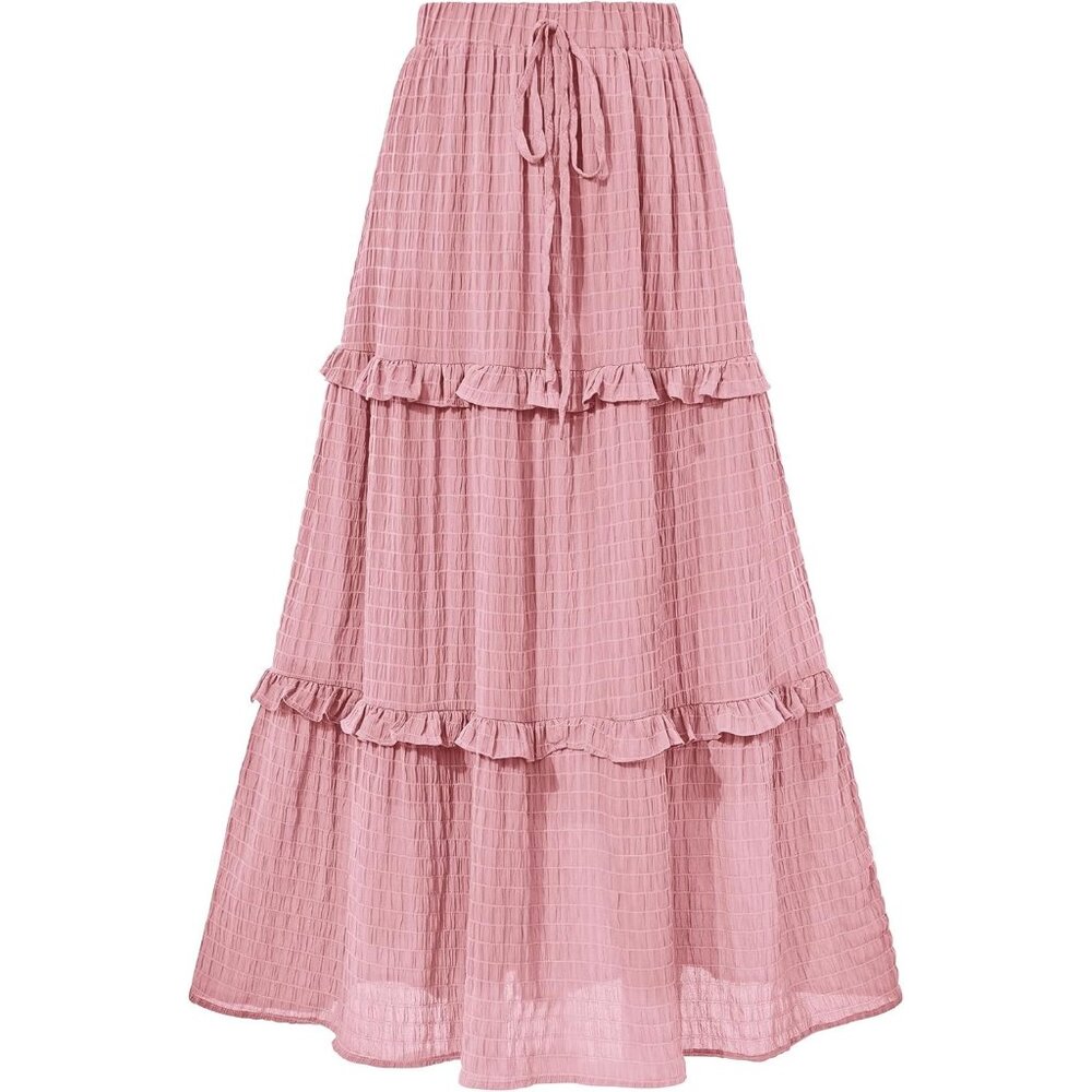 Women's Pink Long Elegant High Waist Cocktail Guest Flared A-Line Midi Skirt - Picture 1 of 6